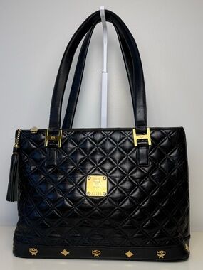 MCM Black Quilted Leather Tote with Gold Accents